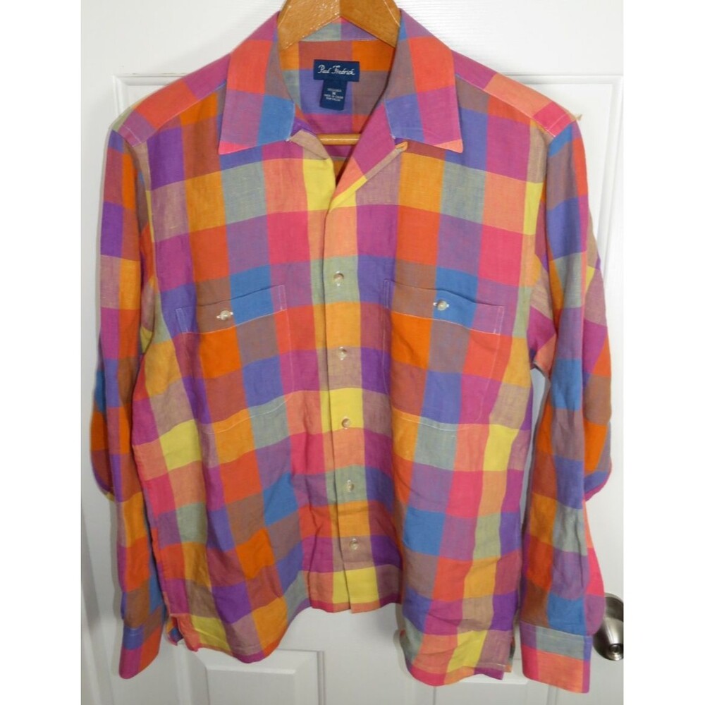 Paul Frederick 100% Linen Plaid Multicolor Button Up Shirt Men's Size Medium